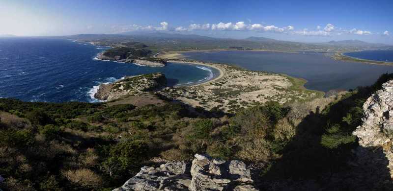 Voidokilia bay and Gialova lagoon, seen fron the top of Paliokastro (Pylos area Pylia