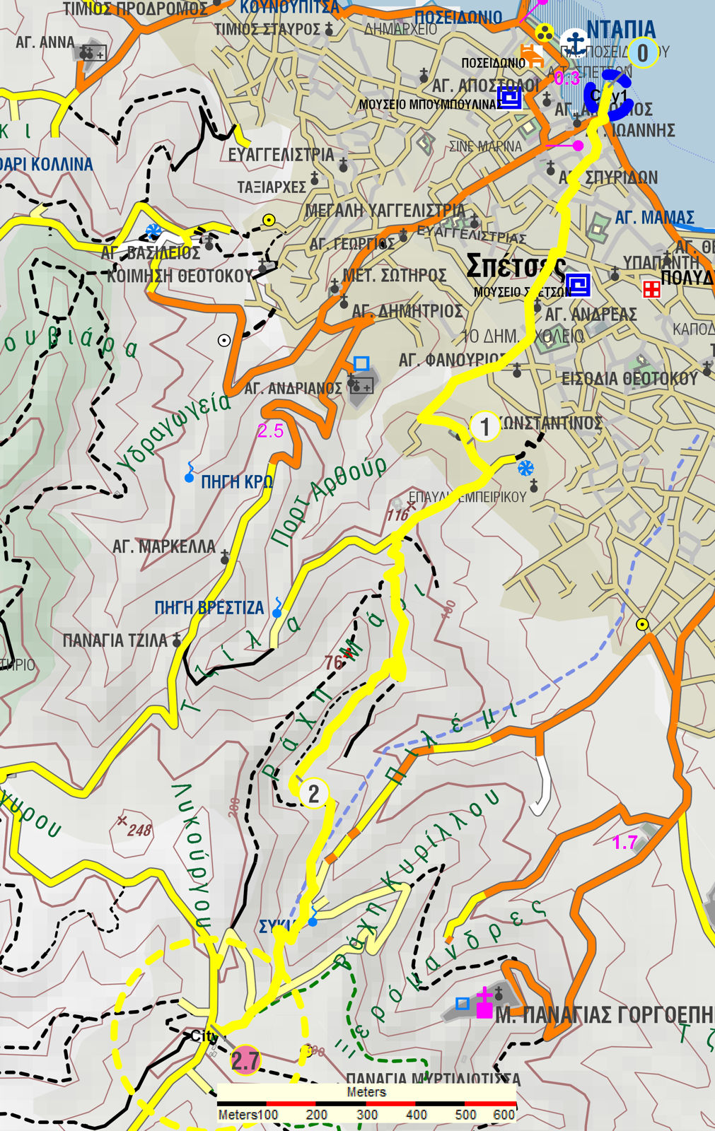 Σπέτσες: Χάρτης της διαδρομής Ντάπια-πηγή Συκιά-Κτήμα Χαρά