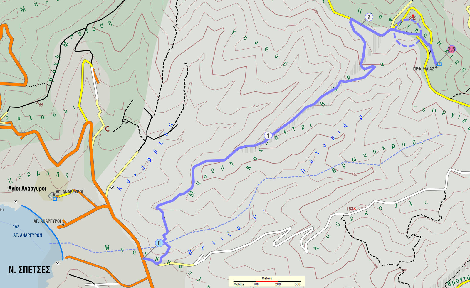 Σπέτσες: Χάρτης της διαδρομής Μπούμπουλη-Προφήτης Ηλίας
