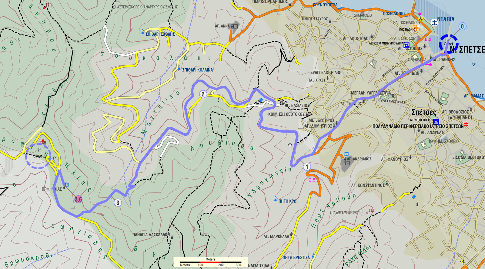 Σπέτσες: Χάρτης της διαδρομής Ντάπια-Μανταίικα-Προφήτης Ηλίας
