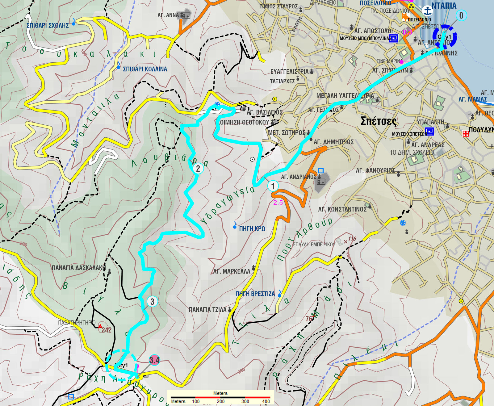 Σπέτσες: Χάρτης της διαδρομής Ντάπια-Συνάντηση Κυνηγών από σπηλιά Κοντού