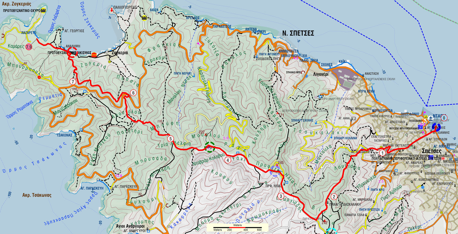 Σπέτσες: Χάρτης της διαδρομής Ντάπια-Ζογεριά από την κορυφογραμμή