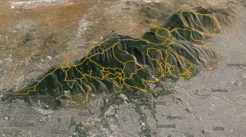 Υμηττός topoGuide: Οι πεζοπορικές διαδρομές που περιλαμβάνονται στην εφαρμογή Υμηττός topoGuideς Υμηττός topoGuide