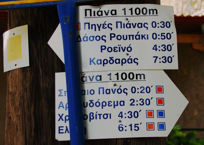 Mt Menalon topoguide: Signpost of Orange Trail set in the main square of Piana Mt Menalon topoguide