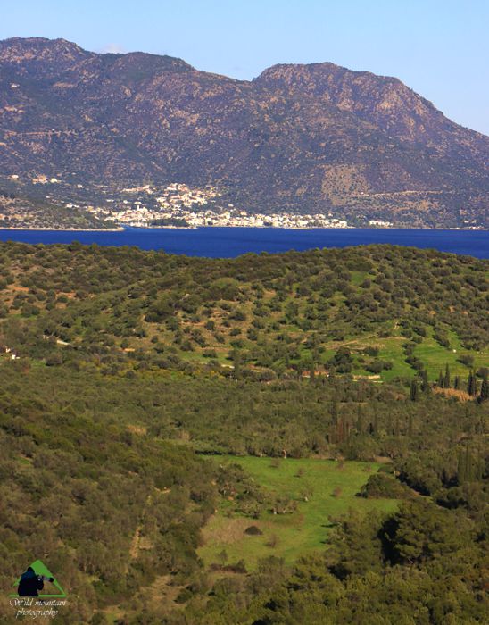 Γεωγραφία της Τροιζηνίας: Οι ορεινές λεκάνες στο Σκαφοβούνι. Σε δεύτερο πλάνο η χερσόνησος και ο οικισμός των Μεθάνων Πόρος-Τροιζηνία topoguide