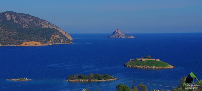 Γεωγραφία του Πόρου: Οι νησίδες Αρβανίτης, Λαζαρέτα και Μπούρτζι, με το εντυπωσιακό Μόδι στο βάθος Πόρος-Τροιζηνία topoguide