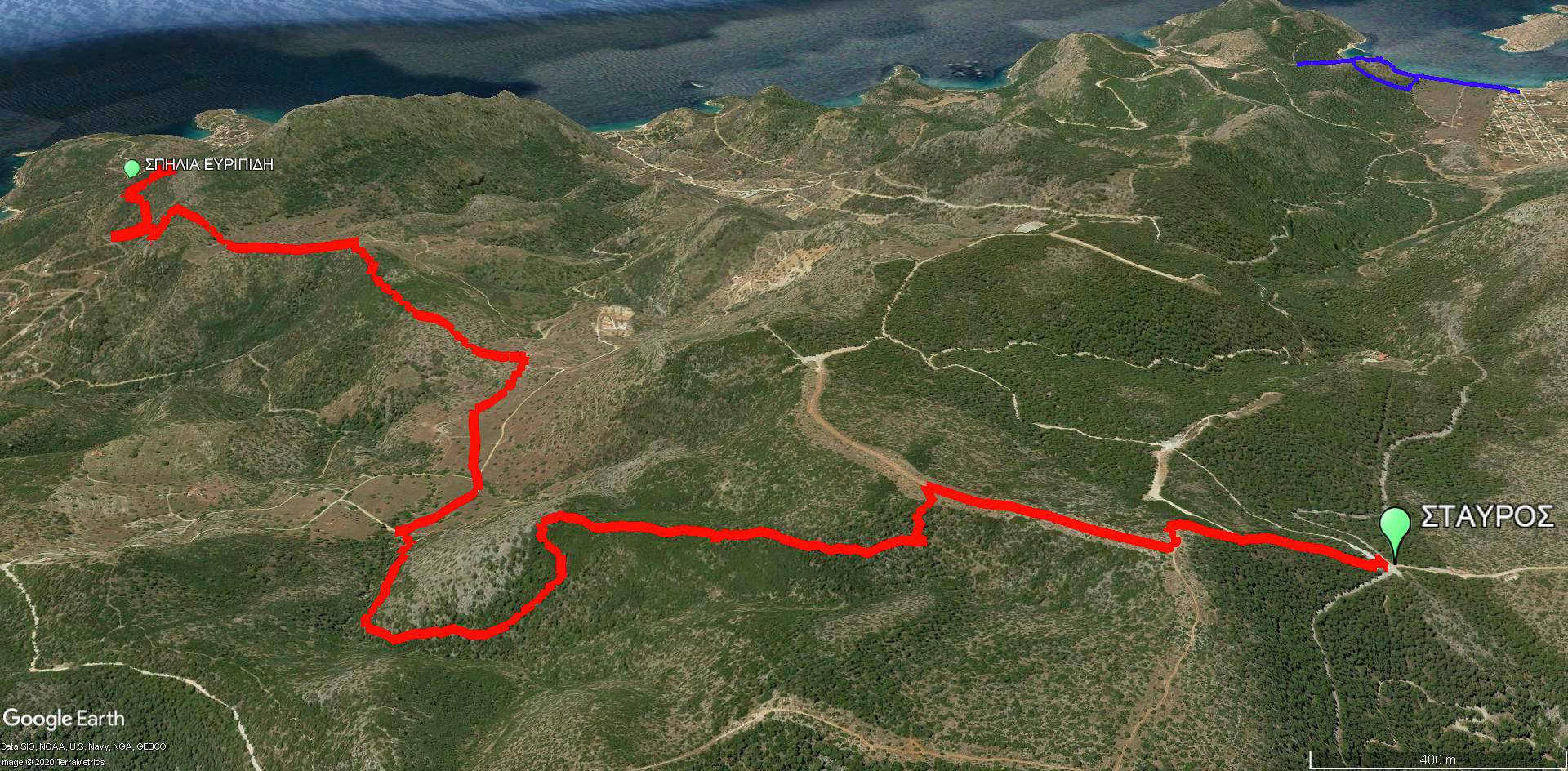 Δορυφορική εικόνα της διαδρομής Σταυρός-σπηλιά Ευριπίδη Δορυφορική εικόνα της διαδρομής Σταυρός-σπηλιά Ευριπίδη