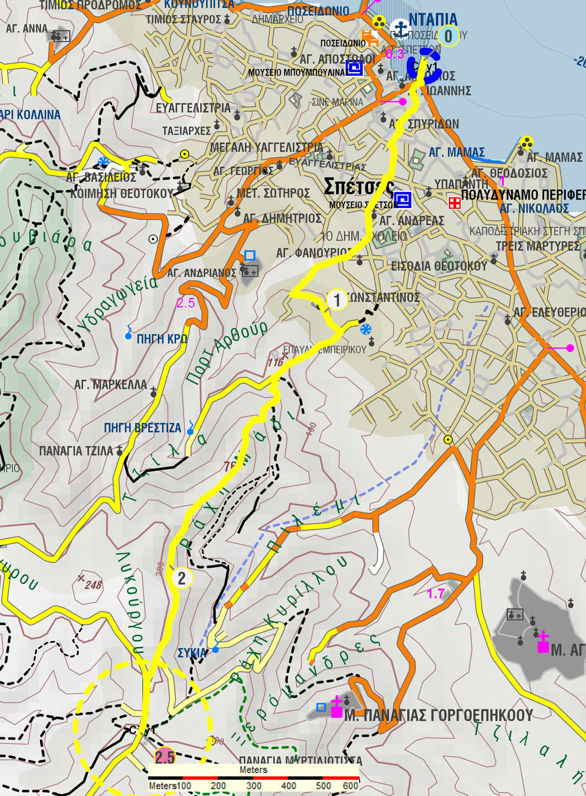 Σπέτσες: Χάρτης της διαδρομής Ντάπια-Άγιος Κωνσταντίνος-Ράχη Μόδι-Κτήμα Χαρά