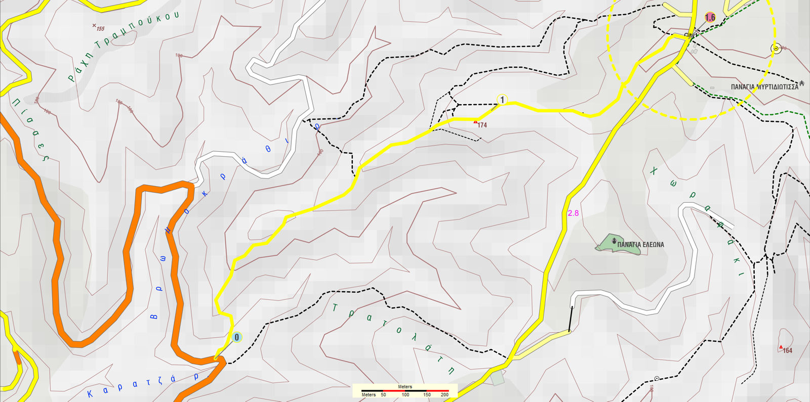 Σπέτσες: Χάρτης της διαδρομής Καμίνι-Μακριά Ράχη-Κτήμα Χαρά