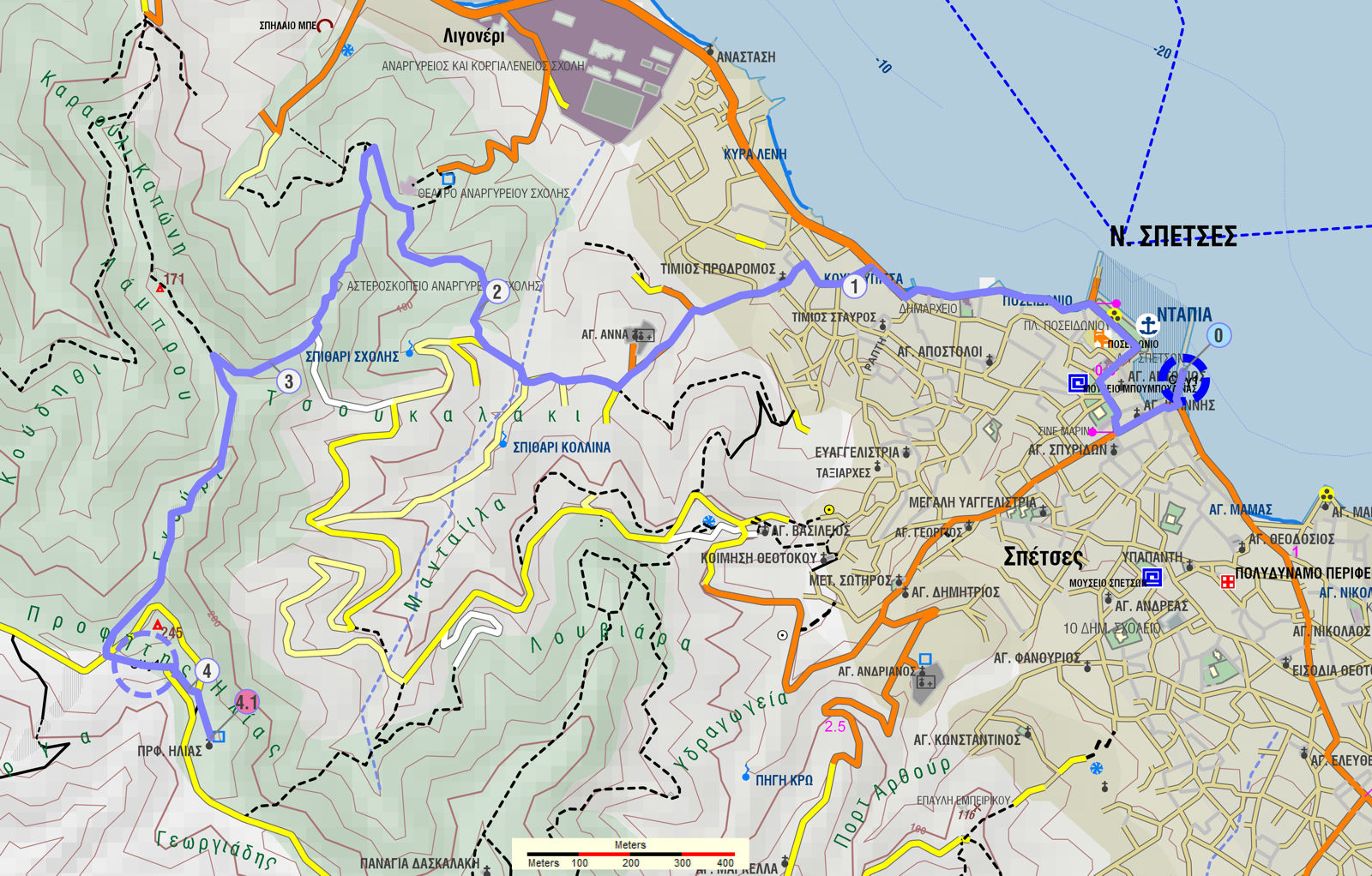 Σπέτσες: Χάρτης της διαδρομής Ντάπια-Αστεροσκοπείο-Προφήτης Ηλίας
