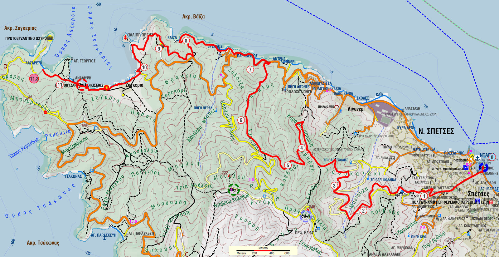Σπέτσες: Χάρτης της διαδρομής Ντάπια-Ζογεριά από Μανταίικα