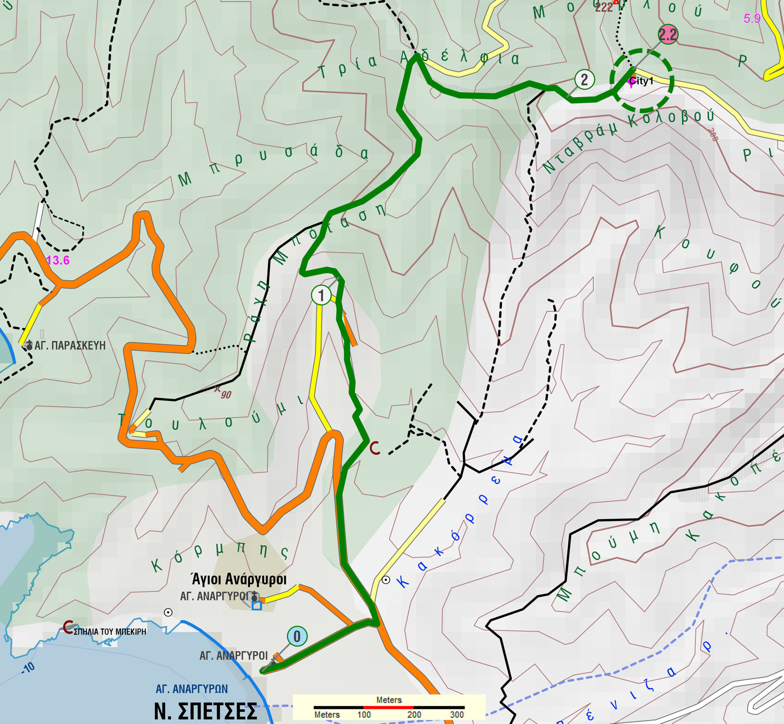 Σπέτσες: Χάρτης της διαδρομής Άγιοι Ανάργυροι-Ράχη Μπόταση-Ριγάνι