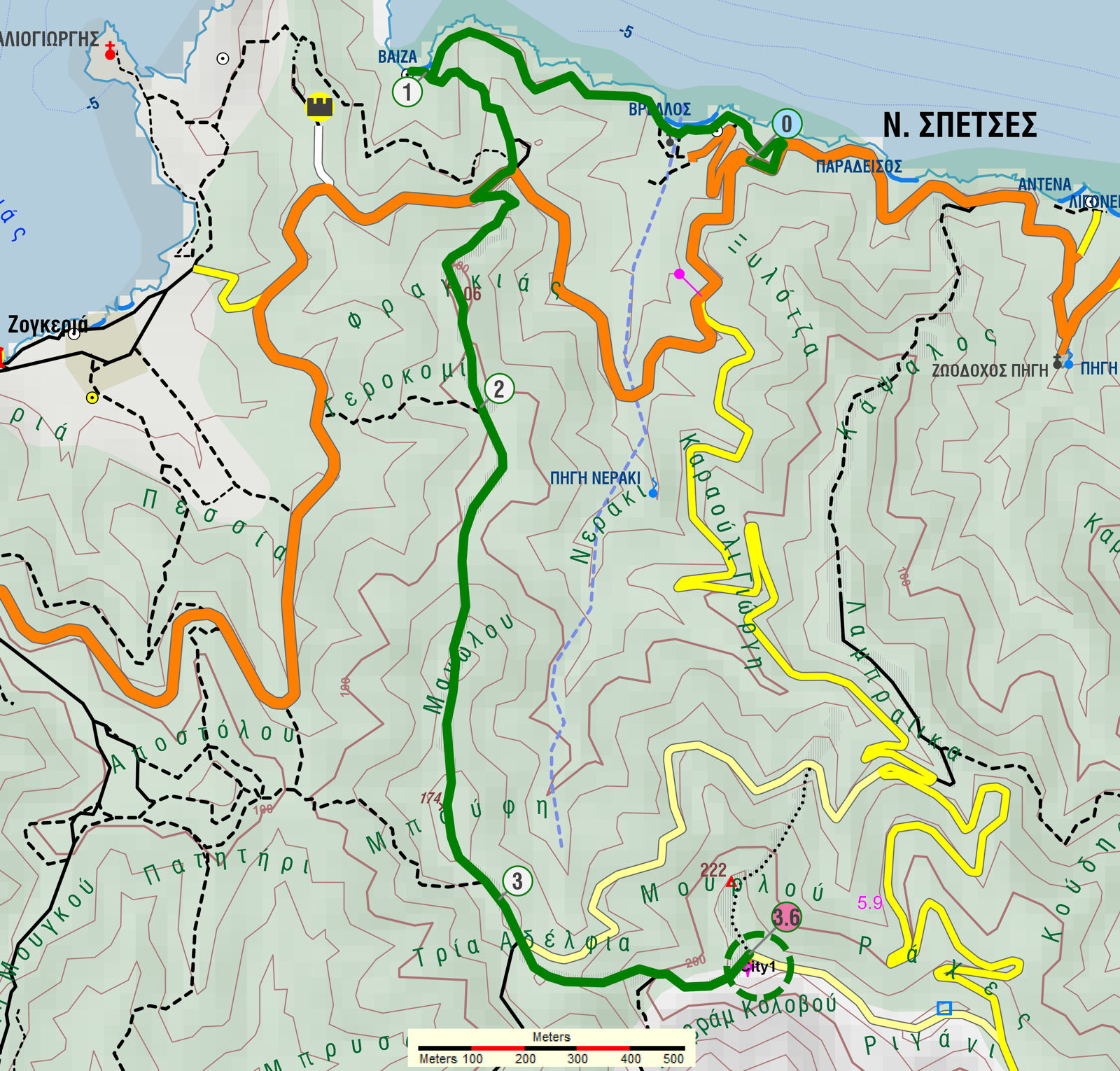 Σπέτσες: Χάρτης της διαδρομής Βρέλλος-Φραγκιάς-Ριγάνι