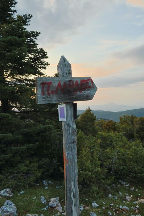 Τα μονοπάτια της Βόρειας Πάρνηθας, διαδρομή Λάκκα Μηλιάς-Σαλονίκι: Παλιά πινακίδα πάνω στο μονοπάτι Μόλα-Παλιομήλεσι Πάρνηθα topoguide