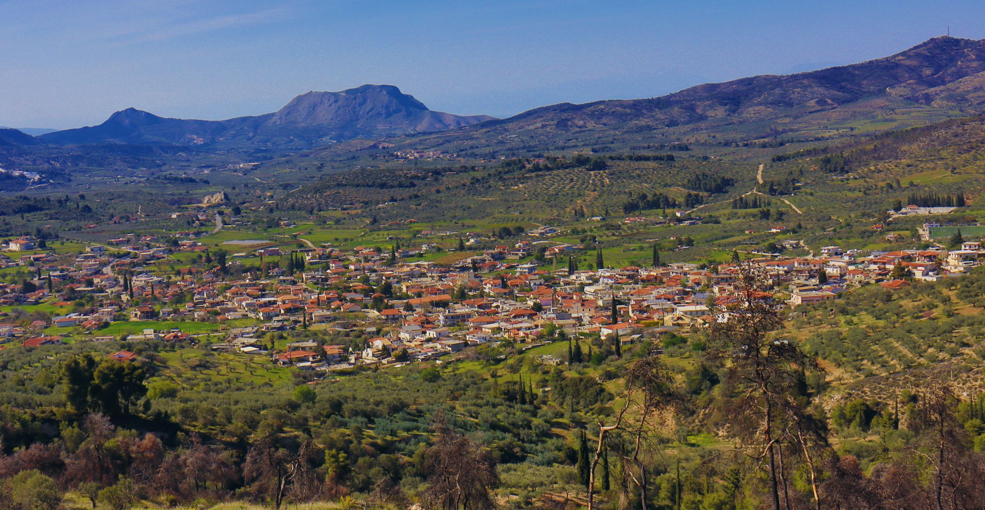 Mycenae topoguide: Athikia and their farmland. Akrokorinthos stands out in the background